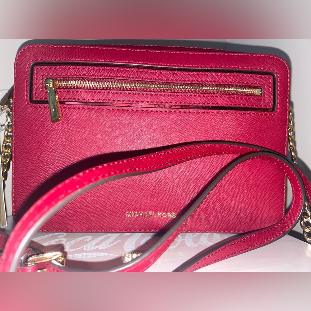 Michael Kors LG Frame Out Item Cherry Red Cross Grain Leather Crossbody Bag - Picture 2 of 16